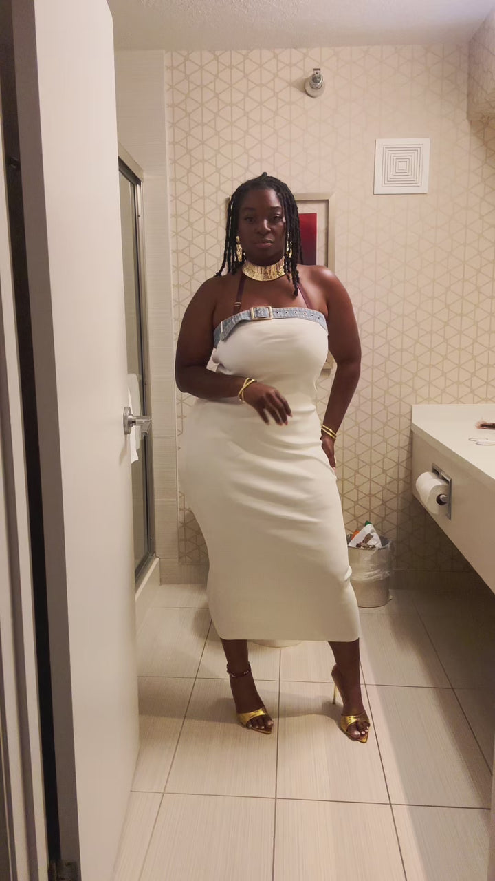 Heavenly Length White Buckle Midi Dress